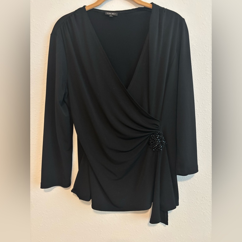 Nine West Black Draped Blouse with Beaded Accent